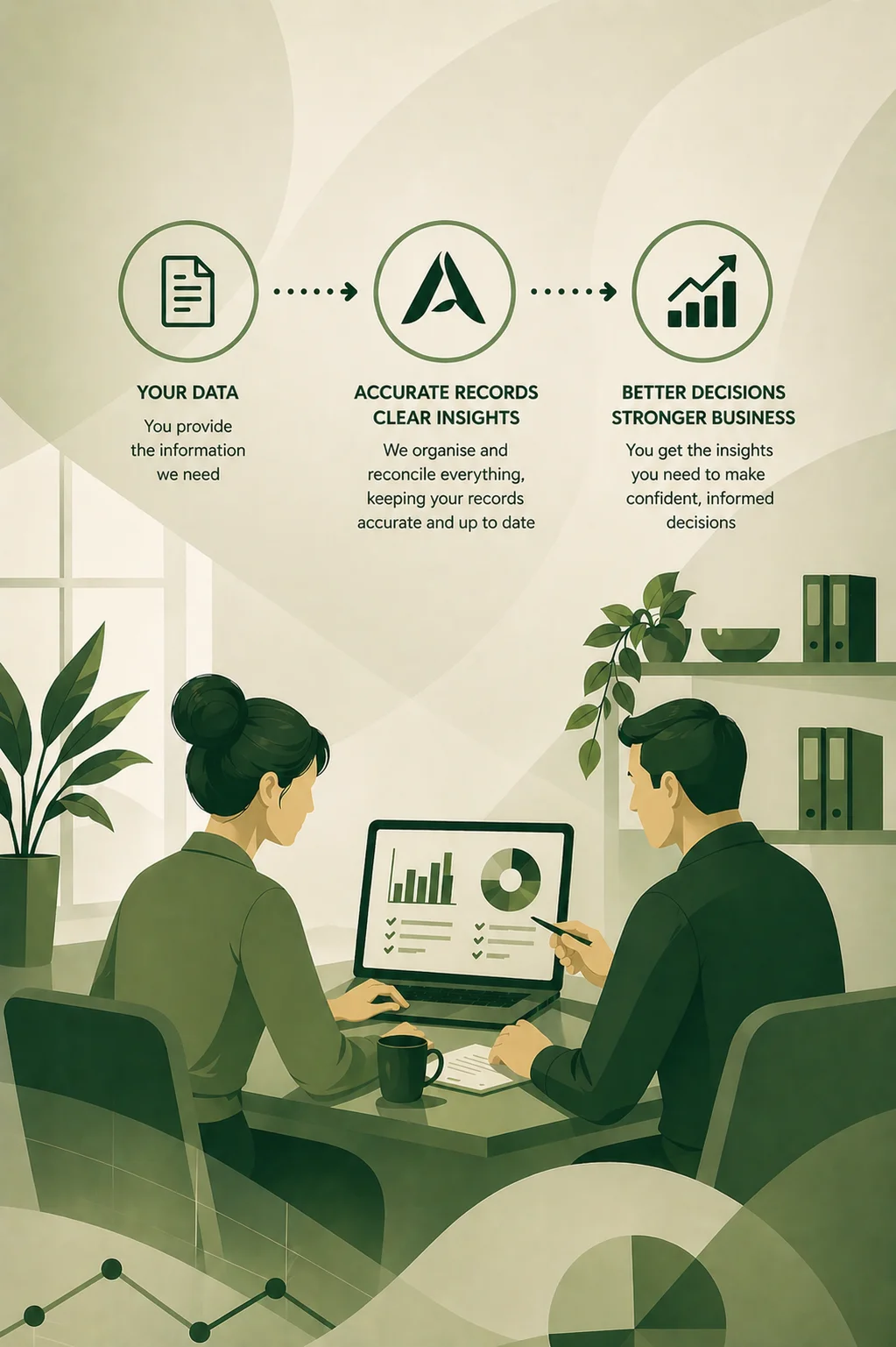 Illustration showing bookkeeping processes supporting organised records and informed business decisions