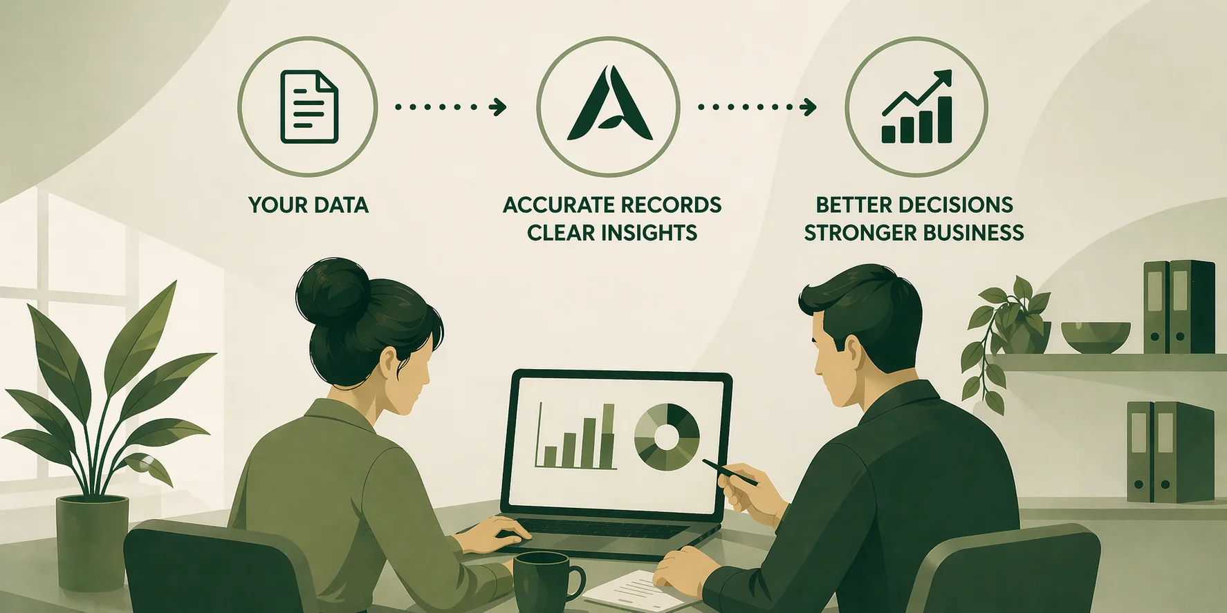Illustration showing bookkeeping processes supporting organised records and informed business decisions