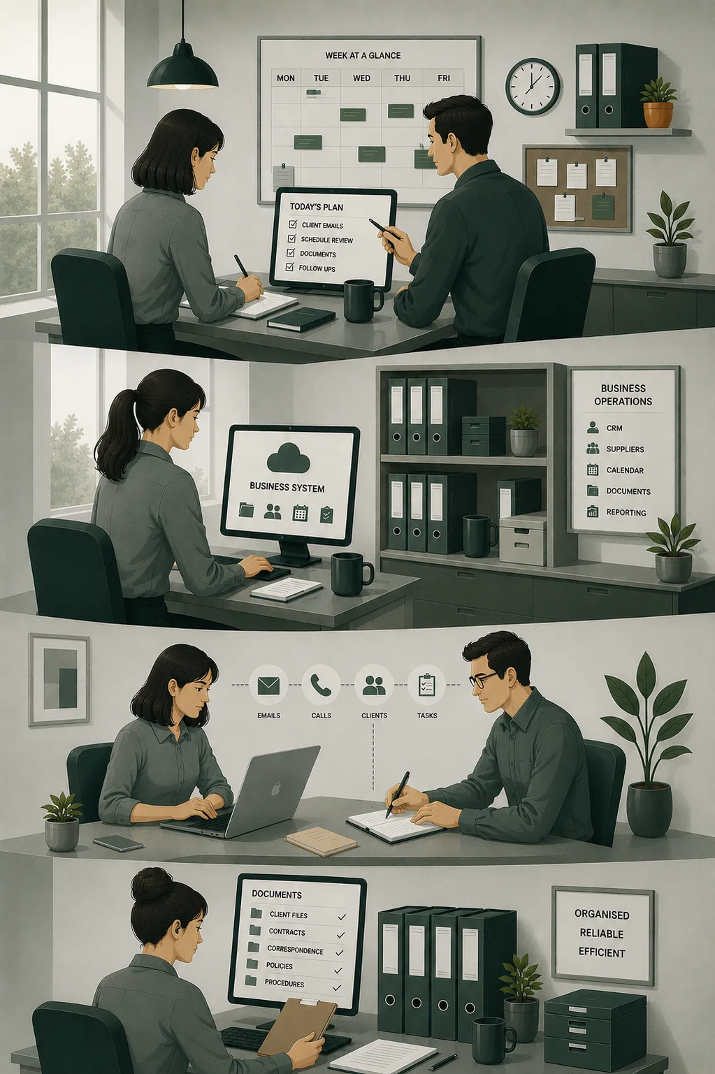 Illustration showing coordinated business administration processes, organised systems, and day-to-day operational support