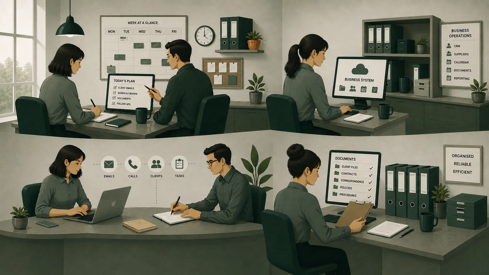 Illustration showing coordinated business administration processes, organised systems, and day-to-day operational support