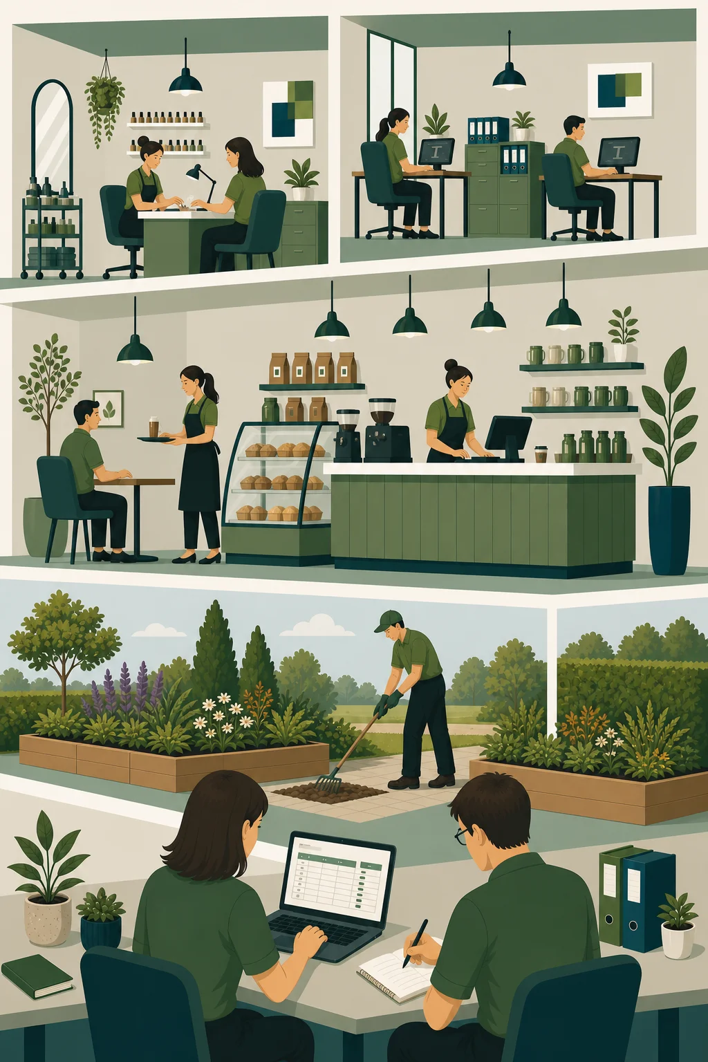 Illustration showing payroll processes supporting coordinated business operations and employee administration
