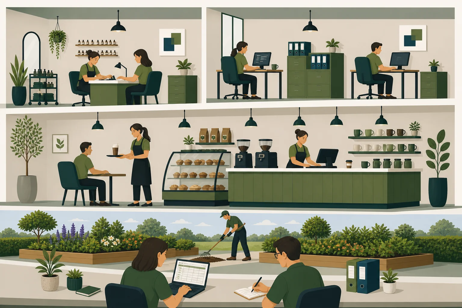 Illustration showing payroll processes supporting coordinated business operations and employee administration
